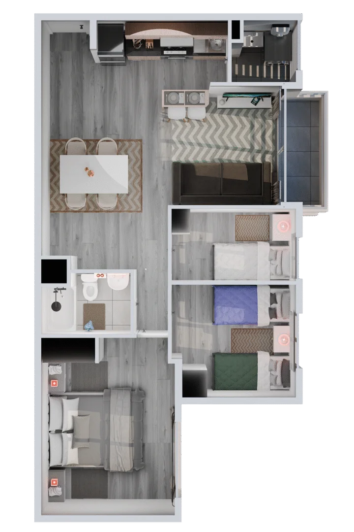 Planta del departamento de 65,32 m², 3 dormitorios y 1 baño