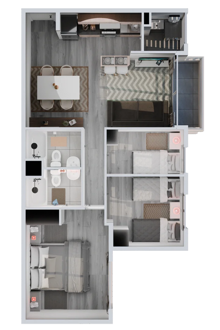 Planta del departamento de 65,32 m², 3 dormitorios y 2 baños